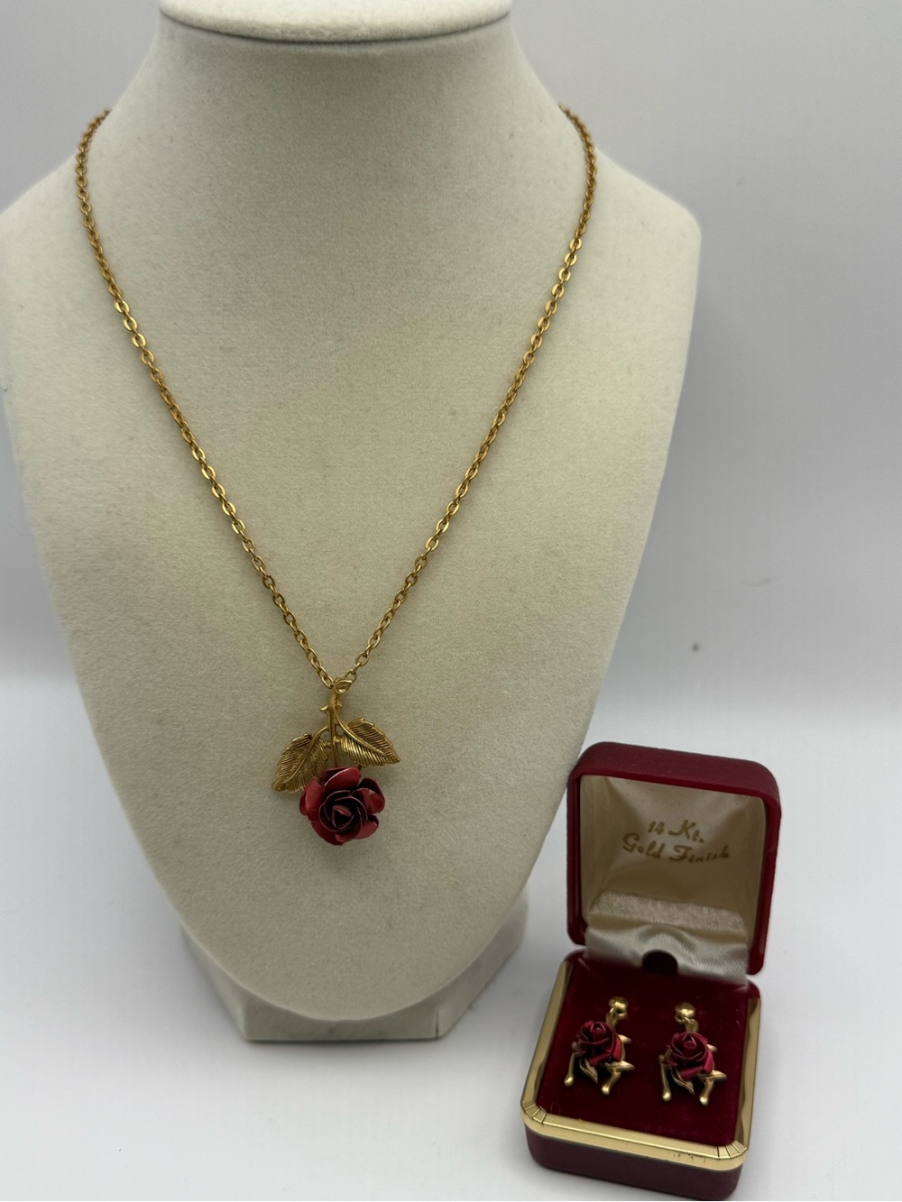 Gold Tone Rose Pendant Necklace & Gold Tone Rose Pendant Necklace & Earrings Set